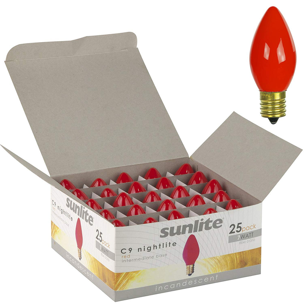 25PK - SUNLITE 7w C9 120v Ceramic Red E17 Intermediate Base Incandescent Bulb