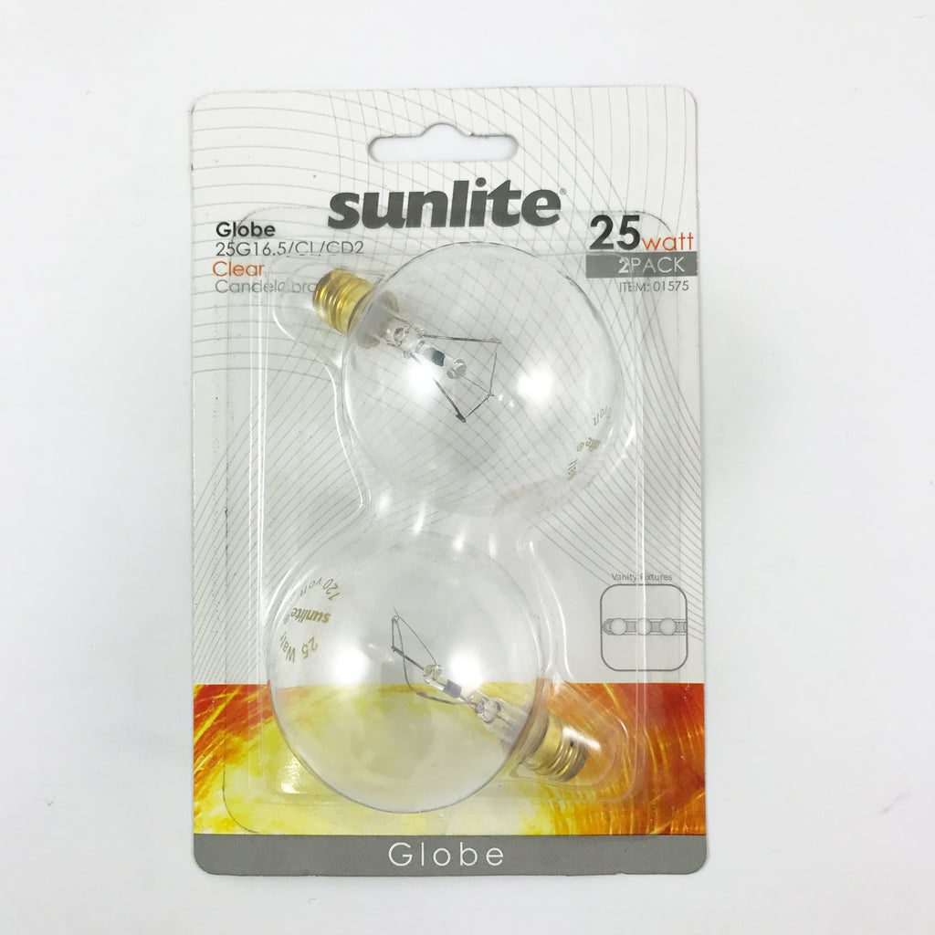 2PK - SUNLITE 25W 120V Globe G16.5 E12 Clear Incandescent Light Bulb