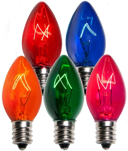 25 Bulbs - C7 Triple Dipped Transparent Multicolor, 5 Watt lamp
