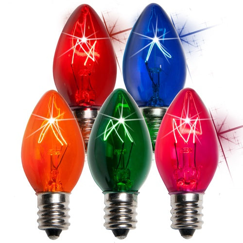 25 Bulbs - C7 Twinkle Triple Dipped Transparent Multicolor, 7 Watt lamp
