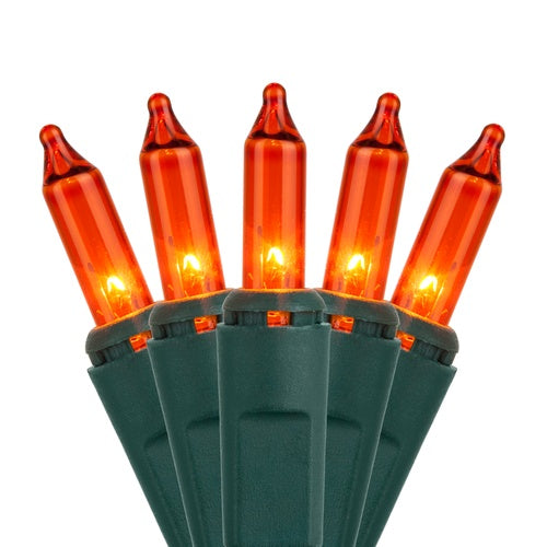 100 Amber / Orange Mini Lights, Green Wire, 2.5" Spacing