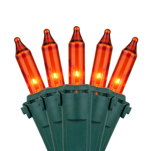 100 Amber / Orange Mini Lights, Lamp Lock, Green Wire, 6" Spacing