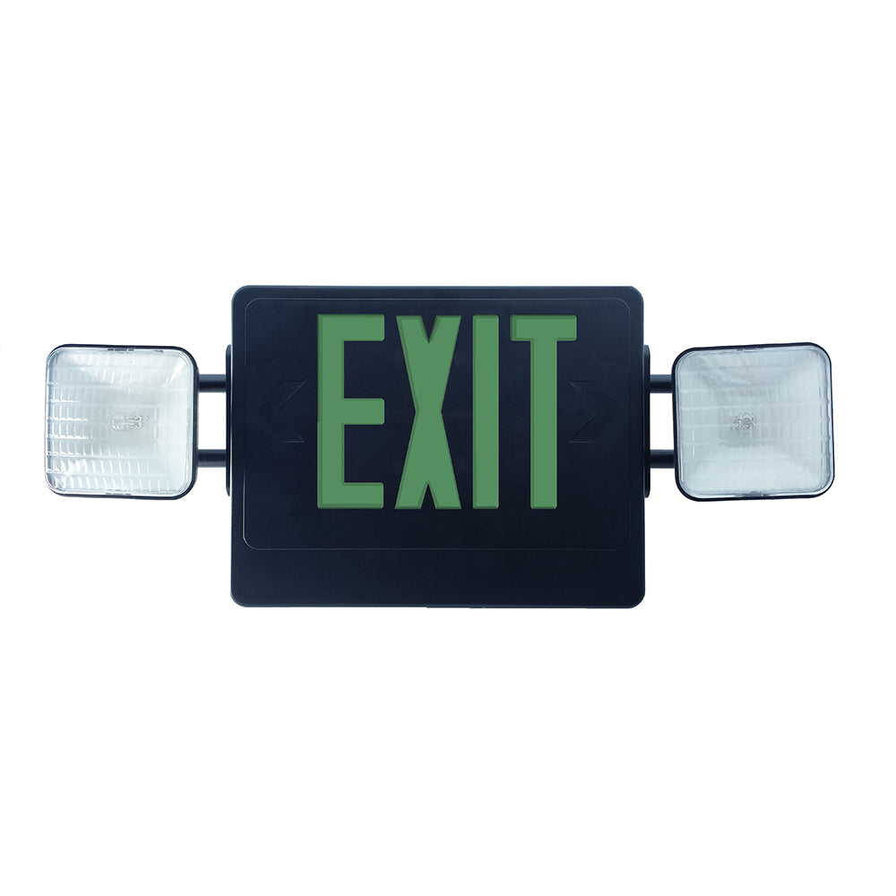 Nicor Emergency Led Exit Sign w/ Dual Emergency Lights Black w/ Green Lettering