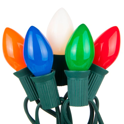 C7 Multi: Red, Blue, Green, Orange, White Opaque Steady 25 Light Set, Green Wire