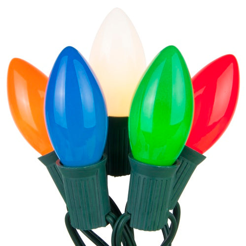 C9 Multi: Red, Blue, Green, Orange, White Opaque Steady 25 Light Set, Green Wire