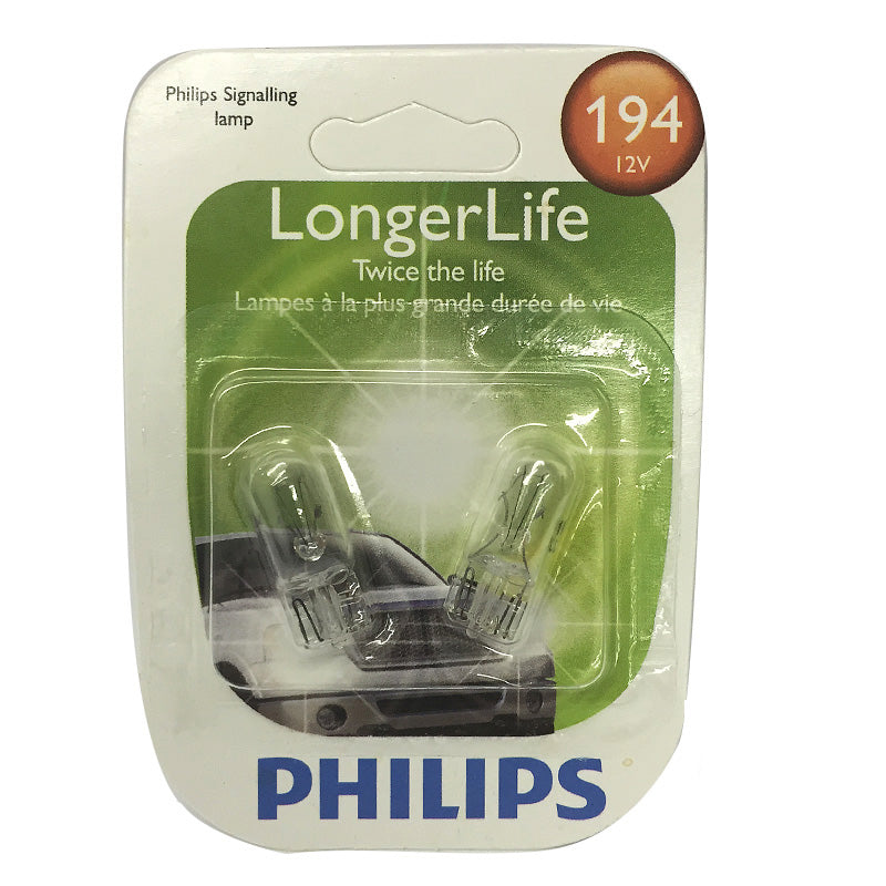 Philips  194 LL - Long Life Wedge Automotive Miniature Light Bulb - 2 Pack