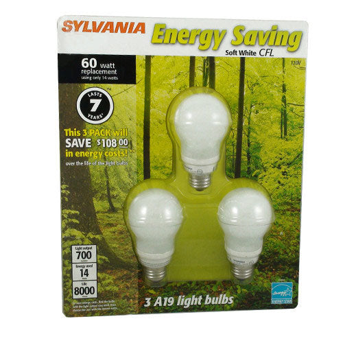 Sylvania 14W A19 Soft White Compact Fluorescent Light Bulb x 3 Pack