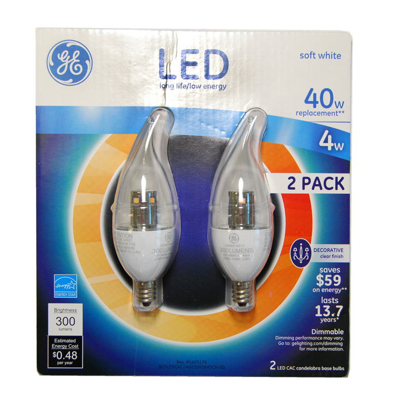 GE 4W LED Chandelier Bent Tip E12 base LED Light Bulb - 40w equiv.