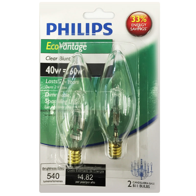 2Pk - Philips 40w 120v B11 E12 Clear Blunt Tip Halogen Bulb - 60w Replacement