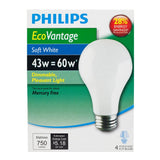 4Pk - Philips 43w 120v A-Shape A19 Soft White E26 EcoVantage Halogen Light Bulb - BulbAmerica