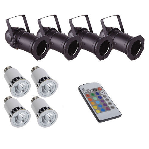 4PK - Par16 Black CAN with LED RGB Bulbs and Remote Control