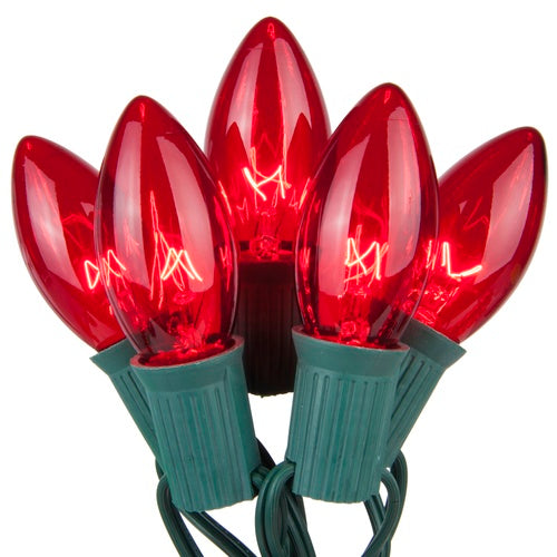 C9 Red Transparent Steady 25 Light Set, Green Wire, 12" Spacing