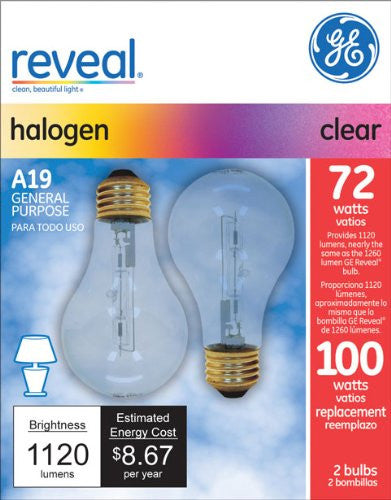 Ge 72w 120v A19 Clear Reveal Halogen Light Bulb x 2 pack