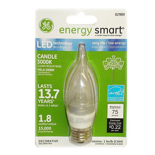GE 62989 1.8W LED Candelabra E26 Clear 3000k 120V Bent Tip Energy Smart Bulb