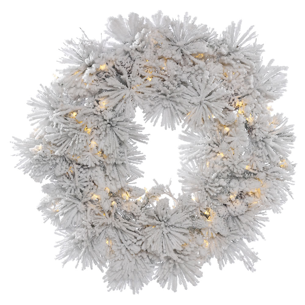 36in. Flocked Alberta Wreath 15 Pine Cones 100 Warm White LED Lights