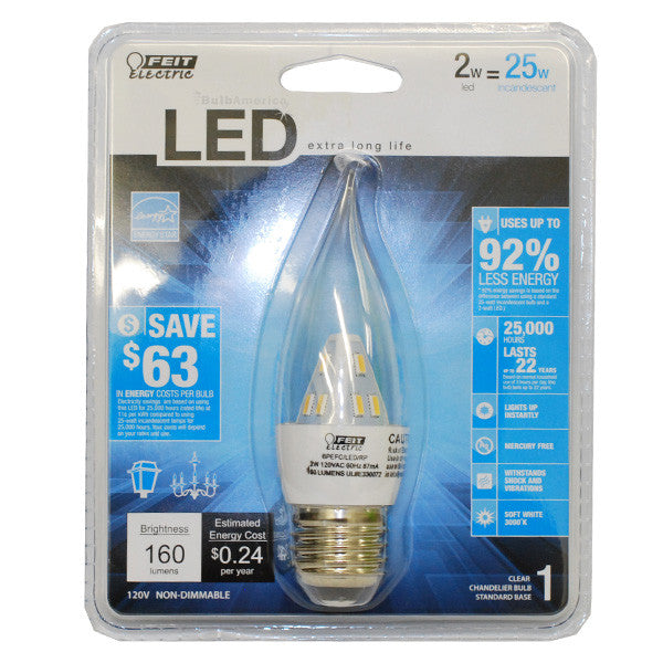 FEIT 2W LED Chandelier bulb Clear Bent Tip Medium Base