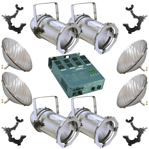 4 Silver PAR CAN 64 500w PAR64 WFL Bulbs O-Clamp Dimmer
