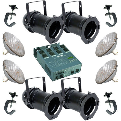 4 Black PAR CAN 64 500w PAR64 MFL Bulbs C-Clamp Dimmer