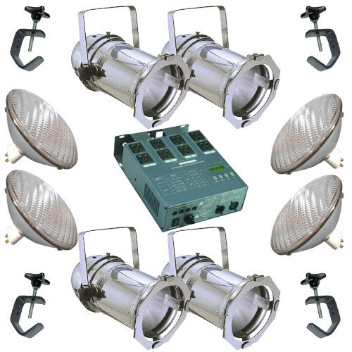 4 Silver PAR CAN 64 500w PAR64 WFL Bulbs C-Clamp Dimmer