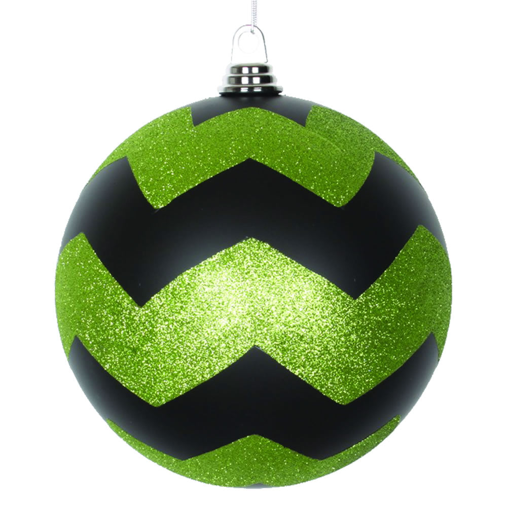 8" Black-Lime Matte-Glitter Chevron Ball Ornament