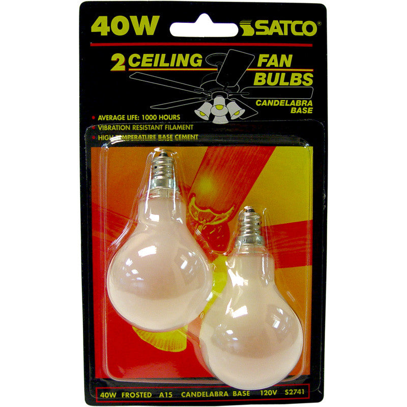 2Pk - Satco S2741 40W 120V A15 Frosted E12 Candelabra Base Incandescent bulb