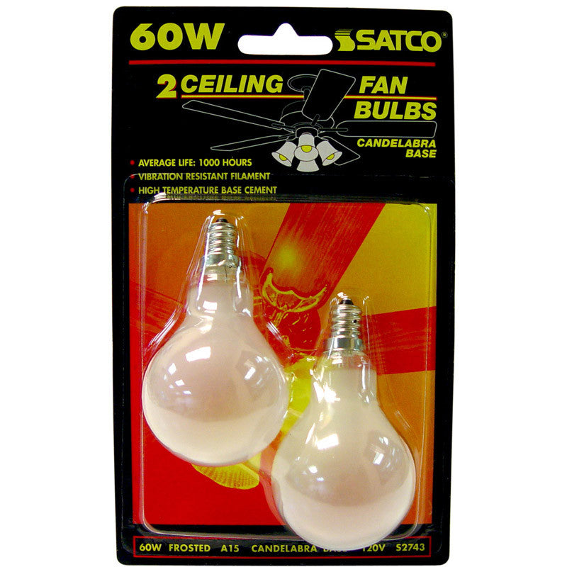 Satco S2743 60W 120V A15 Frosted E12 Candelabra base Incandescent - 2 bulbs /PK