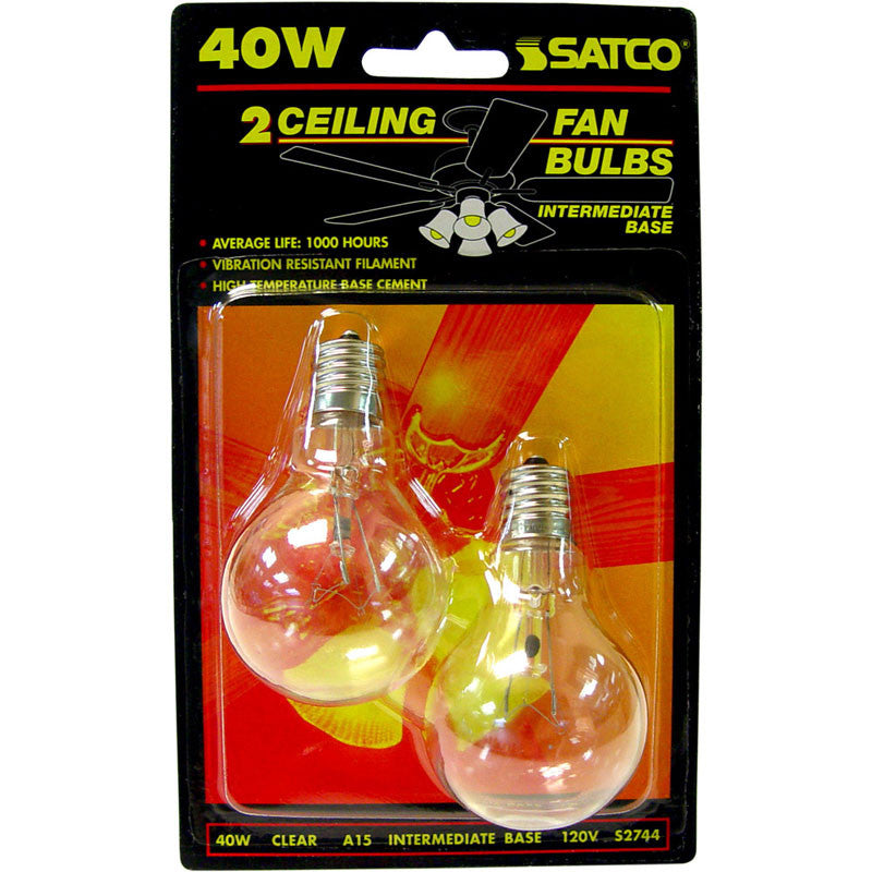 Satco S2744 40W 120V A15 Clear E17 Intermediate Base Incandescent - 2 bulbs