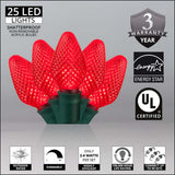 25 Red C7 LED Christmas Lights, Green Wire, 8" Spacing - BulbAmerica