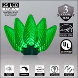 25 Green C9 LED Christmas Lights, Green Wire, 8" Spacing - BulbAmerica