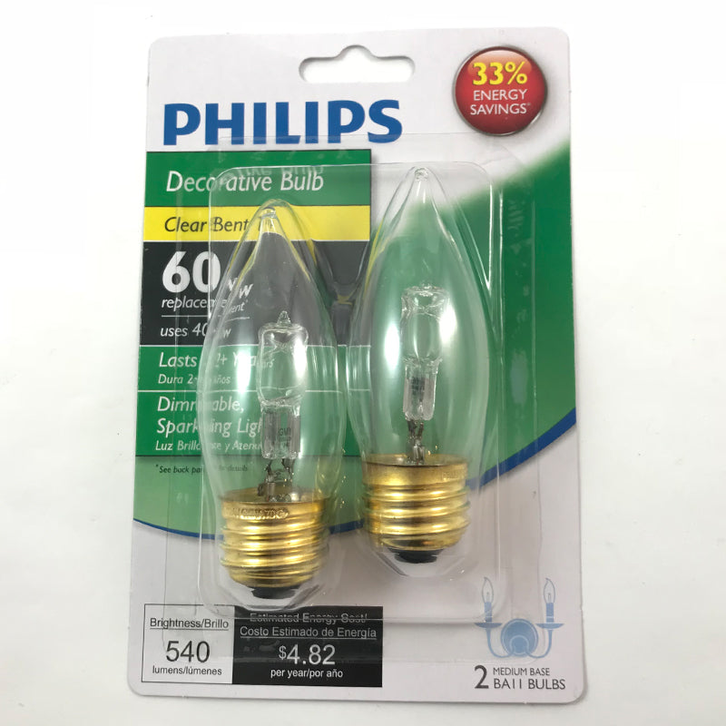 2 Pack - Philips 40w 120v B11 Clear E26 EcoVantage Halogen Light Bulb