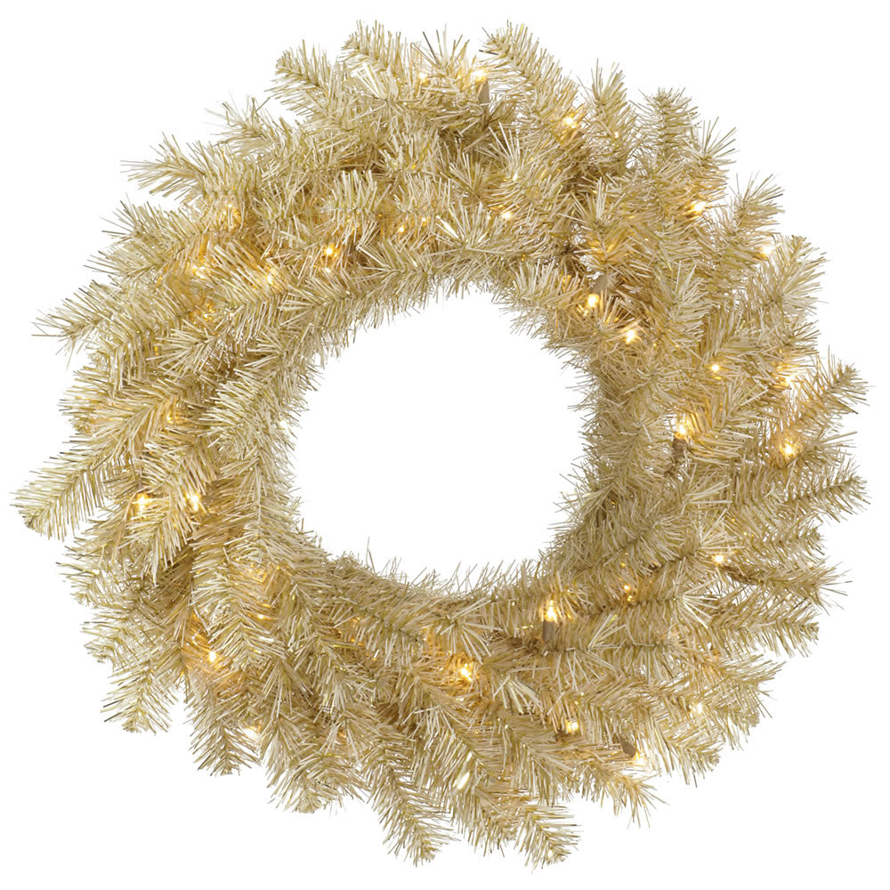 Vickerman 30 in. White/Gold Tinsel Wreath 50 Warm White LED