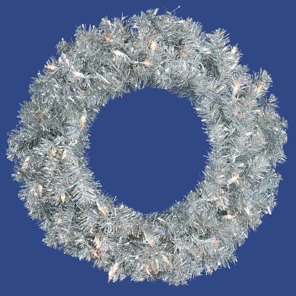 Vickerman 24in. Silver 180 Tips Wreath 50 Clear Mini Lights