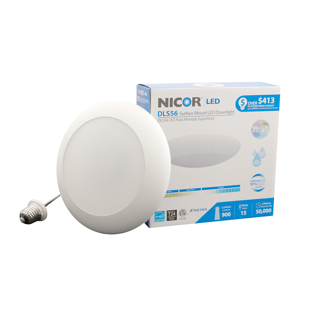 NICOR 5 in. / 6 in. White LED Surface Mount Disc Light in 2700K