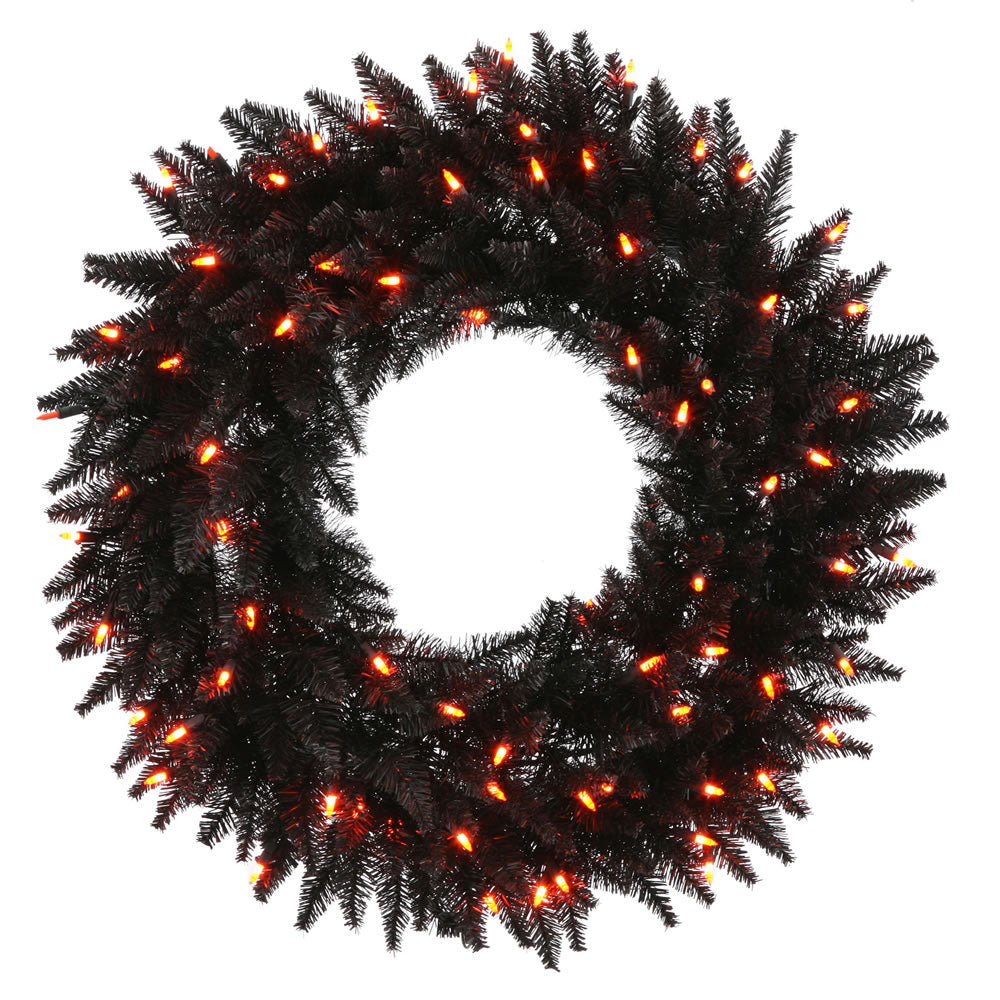 24" Black Fir Wreath - 50 Orange lights - 210 Tips