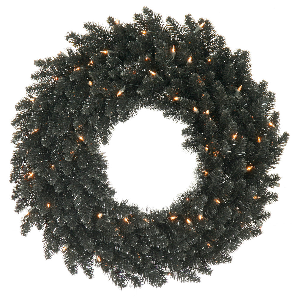 30" Black Fir Artificial Wreath 260 PVC Tips 100 Warm White Dura-Lit LED Lights