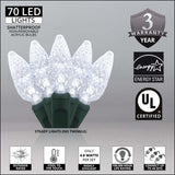 70 Cool White C6 LED Christmas Lights, Green Wire, 4" Spacing - BulbAmerica