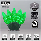 70 Green C6 LED Christmas Lights, Green Wire, 4" Spacing - BulbAmerica