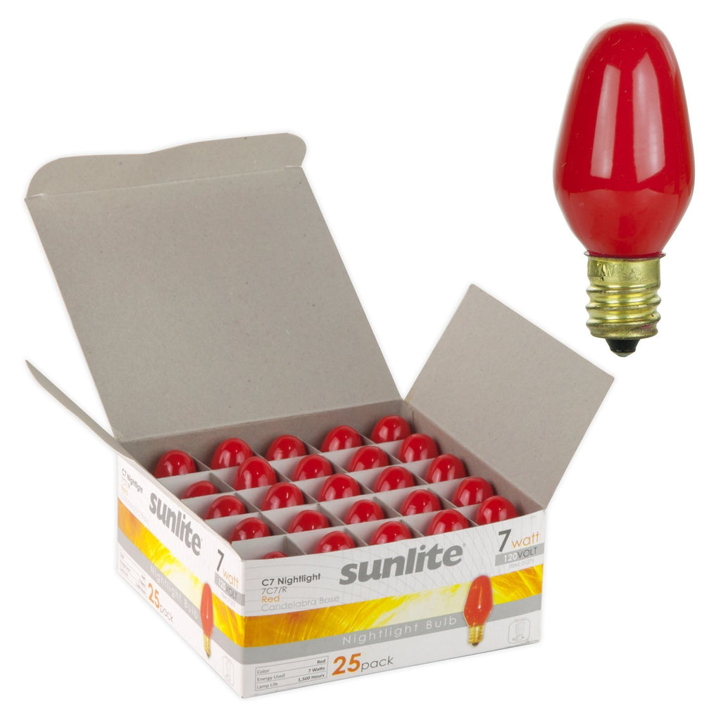 25Pk - SUNLITE 7w C7 Ceramic Red 120v E12 Candelabra Base Bulb