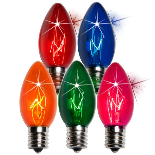 25 Bulbs - C9 Twinkle Triple Dipped Transparent Multicolor, 7 Watt lamp