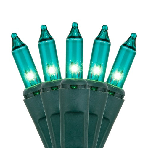 100 Teal Mini Lights, Green Wire, 6" Spacing