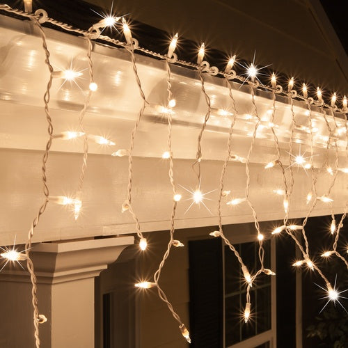 150 Clear Twinkle Mini Icicle Light Set, White Wire