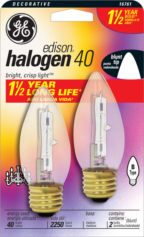 2PK - GE 40w 120v B10 Chandelier E26 Medium Base Halogen Bulb