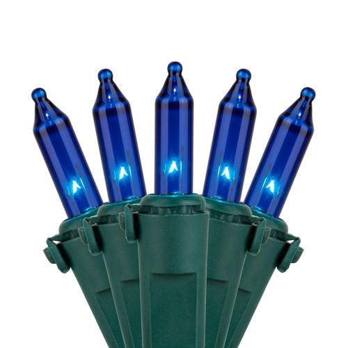 100 Blue Mini Lights, Lamp Lock, Green Wire, 6" Spacing