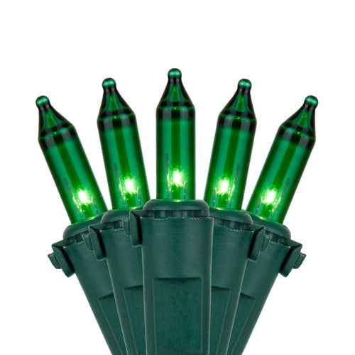100 Green Mini Lights, Lamp Lock, Green Wire, 6" Spacing