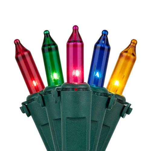 100 Multi Color Mini Lights, Lamp Lock, Green Wire, 4" Spacing