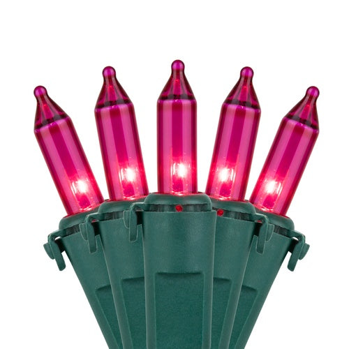 100 Pink Mini Lights, Lamp Lock, Green Wire, 6" Spacing