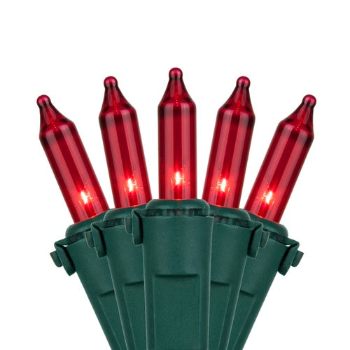100 Red Mini Lights, Lamp Lock, Green Wire, 6" Spacing