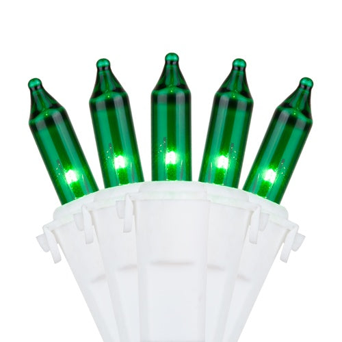 50 Green Mini Lights, Lamp Lock, White Wire, 4" Spacing