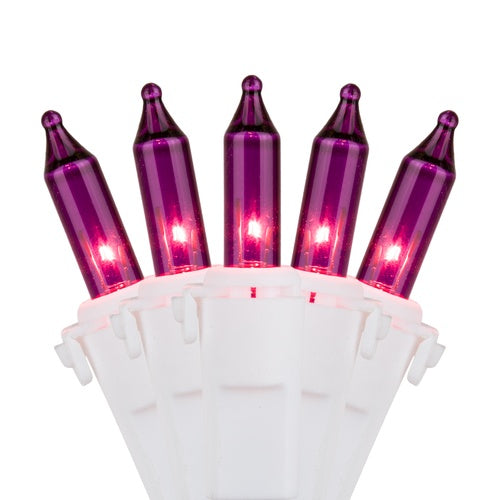 50 Purple Mini Lights, Lamp Lock, White Wire, 6" Spacing