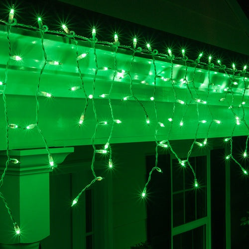 100 Green Mini Icicle Light Set, White Wire